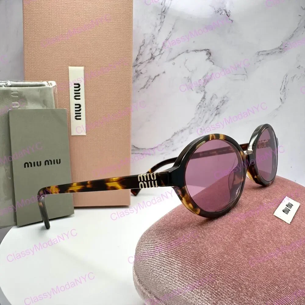 New MIU MIU Sunglasses Brown Tortoise Round Acetate Gold Metal Logo Authentic